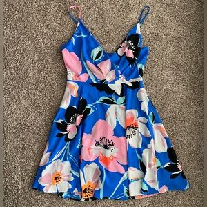 Express Blue Floral Surplice Fit and Flare Dress